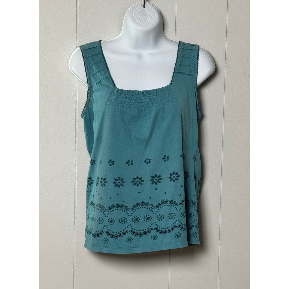 Little Yellow Button Women's Teal Blue Eyelet Embroidered Cotton Tank Boho Sz XS